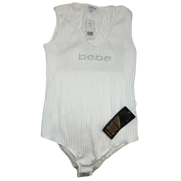 NWT bebe Logo Sheer Lace Back Bodysuit Size L White - Picture 2 of 10